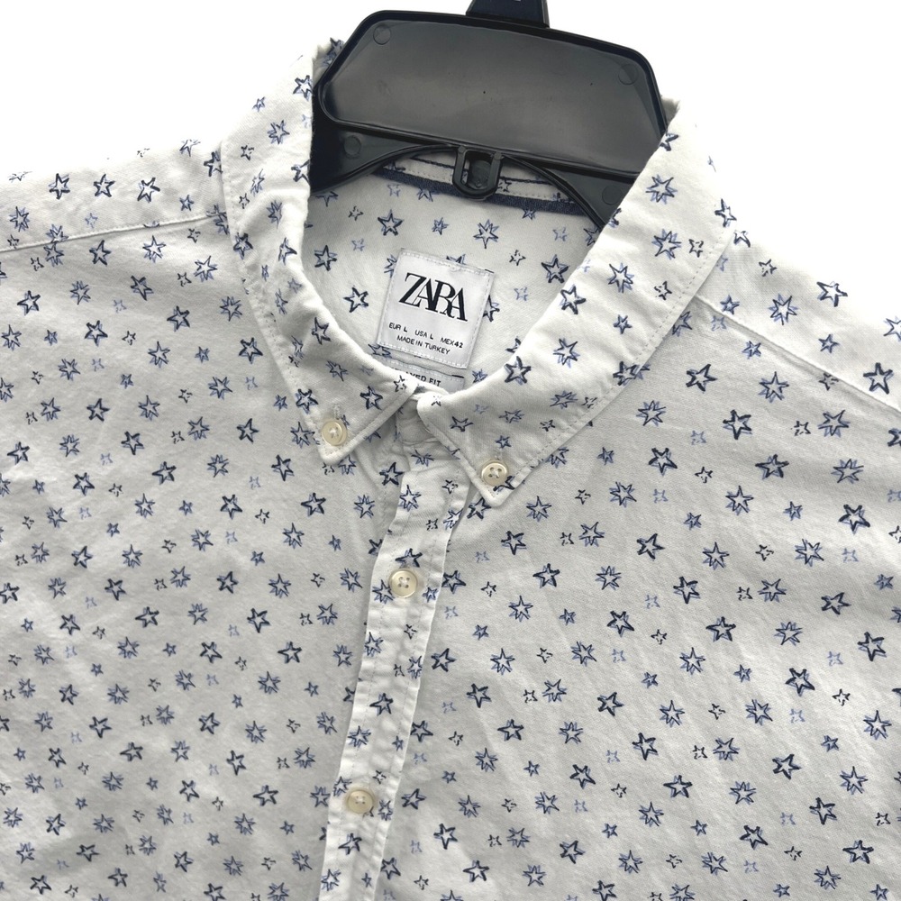 ZARA Mens Relaxed Fit Short Sleeve Button‎ Down Shirt Cotton White Stars Size L